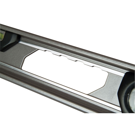 Photo of STANLEY XTHT1-42131 level tool in silver, close-up angle showing handle grip and vial.