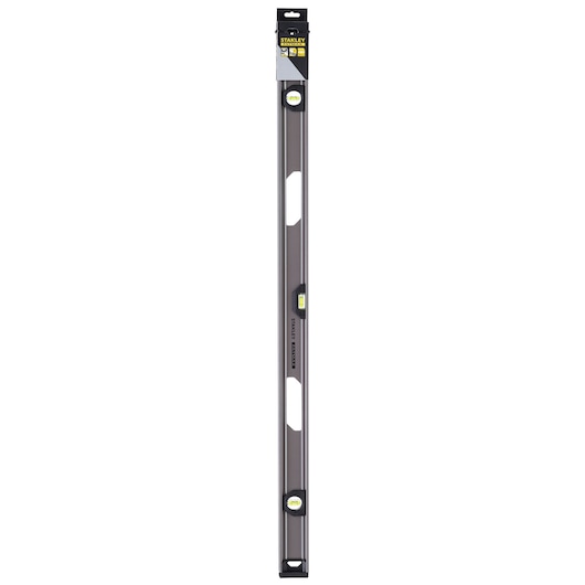 STANLEY XTHT1-42134 aluminum spirit level, photography, front angle, three vials and hand grips.