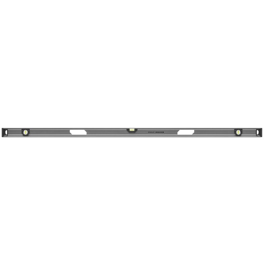 STANLEY XTHT1-42138 spirit level, black, with three vials and white grips, front angle, on white background.