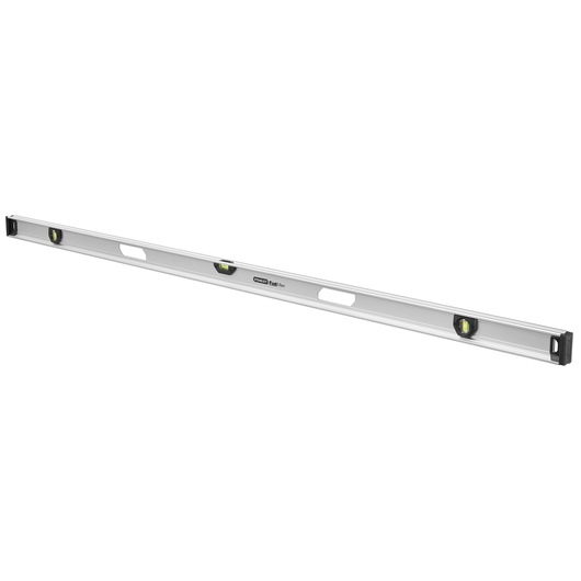 Stanley aluminum spirit level with three bubble vials and two handles for precise measurements.