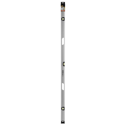 STANLEY XTHT1-42139 aluminum spirit level with three vials, silver, front angle, photography on white background.